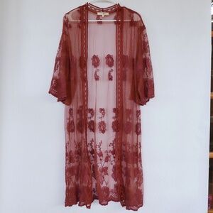 Wishful Park women’s lace open front duster coverup burnt orange size L Boho